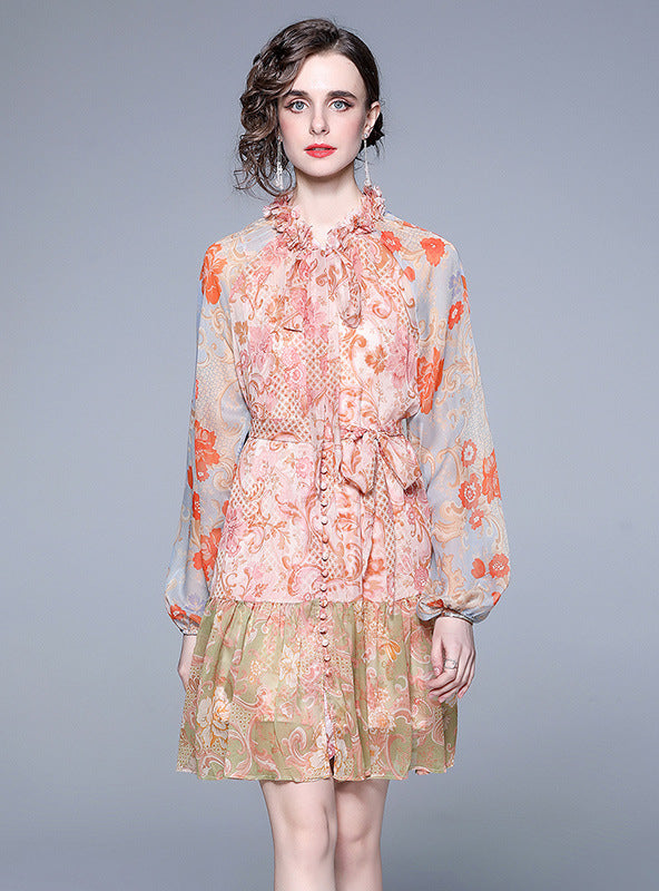 Wooden Ear Design Sweet Floral Chiffon Dress