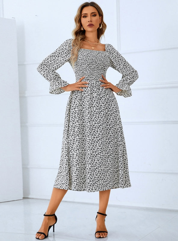 Long Sleeve Printed Square Collar Dress