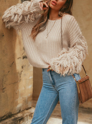 Cuff Tassel Round Neck Thick Needle Solid Color Sweater