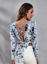 Tie-dyed Backless Bubble Sleeves Printed Top