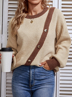 Color Button Crew Neck Pullover Lantern Sleeve Sweater