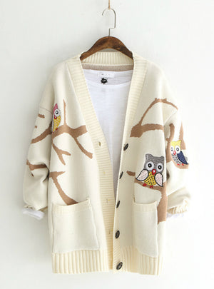 Sweater Owl Embroidered Loose Knit Cardigan