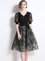 Lantern Stitching Gauze Sequined Dress