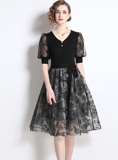 Lantern Stitching Gauze Sequined Dress