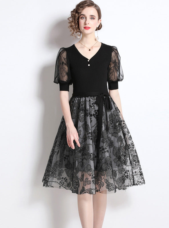 Lantern Stitching Gauze Sequined Dress