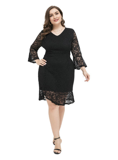 Irregular Long Sleeve Sexy Slim Black Lace Dress