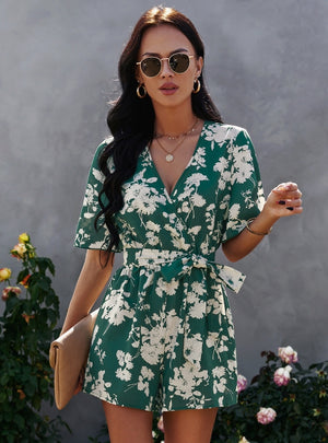 V-neck Short Sleeve Chiffon Shorts Jumpsuit