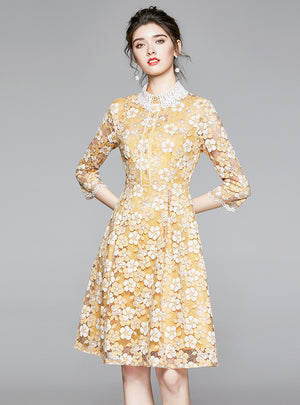 Women Yellow Lace 3/4 Sleeves