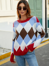 Pullover Diamond Pattern Contrast Sweater