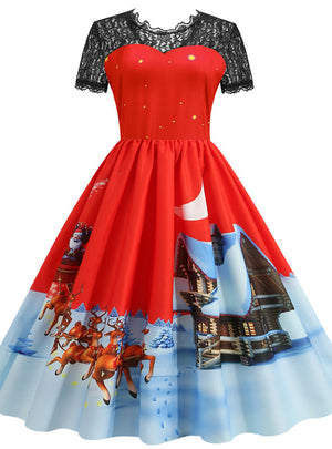 Christmas Short Sleeve Printed Lace Stitching Dress