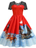 Christmas Short Sleeve Printed Lace Stitching Dress