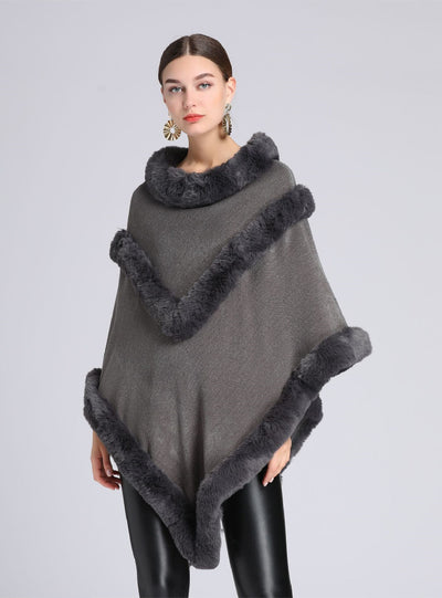 Women Rabbit Fur Collar Shawl Cloak Coat