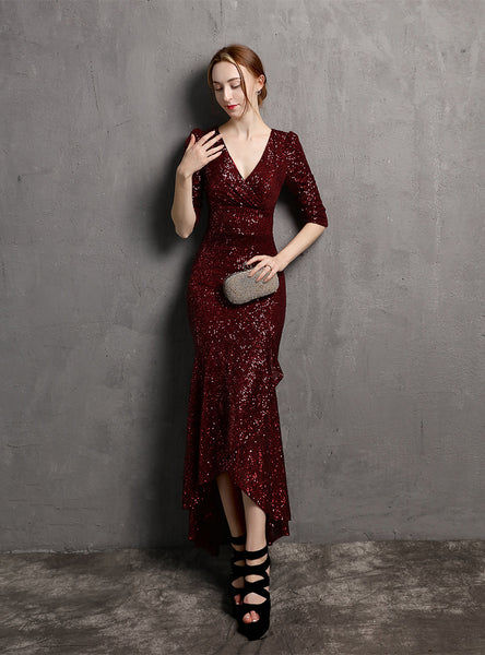 Long-sleeved V-neck Hi Lo Dress