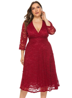 Big Hollow Red Lace Long Sleeve Dress