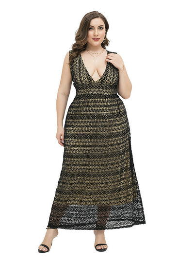 Plus Size Black Lace V Long Dress