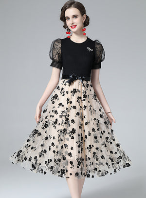 Heavy-duty Embroidered Bubble Sleeve Gauze Fake Two-piece Dress