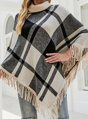 Collar Tassel Cape Shawl Plaid Loose Coat