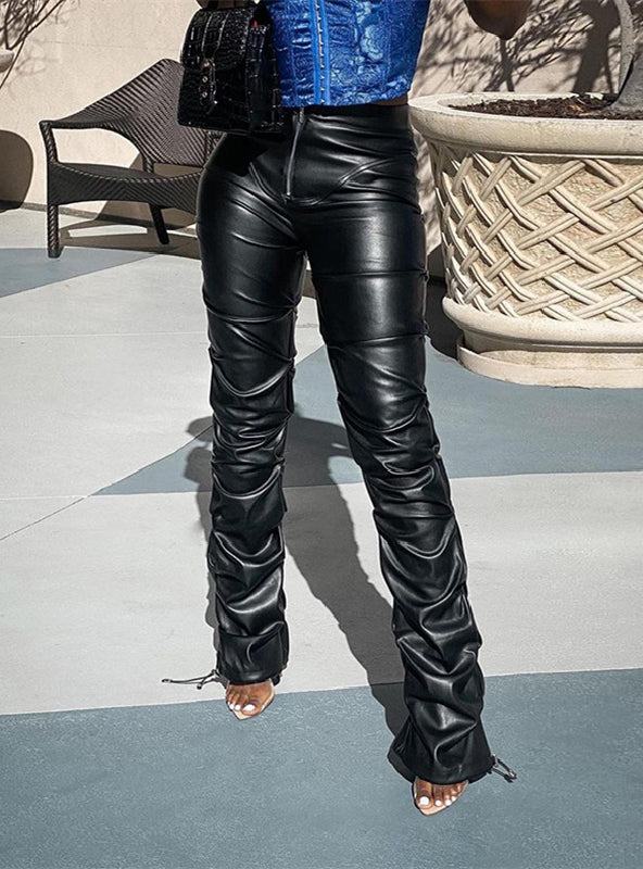 Imitation Leather Trousers High Waist-pack Feet Pants