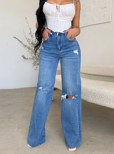 Wide-leg High Waist Holes Jeans Pant
