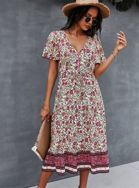 V-neck Short Sleeve Bohemian Printed Dress