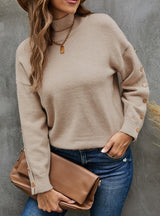 Button Solid Color Half Turtle Neck Sweater