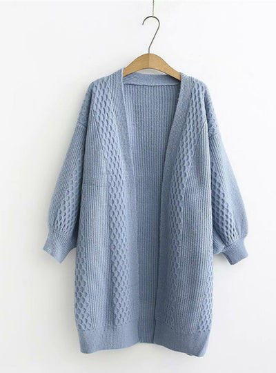 V neck Lantern Sleeve Open Stitch Loose Sweater Jacket
