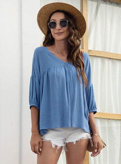 V-neck Loose Pleated Short-sleeved Shirt