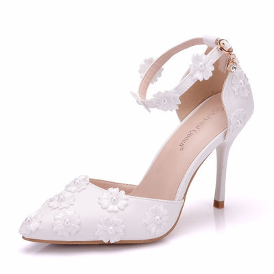 White Lace Heel Buckle Pointed Sandals