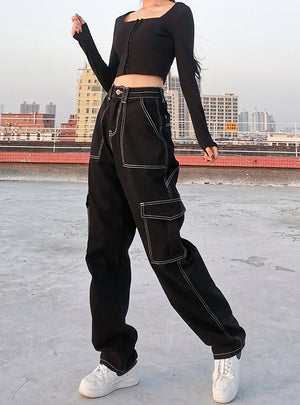 Women Denim Trouser Loose Cargo Pants Korean Jeans