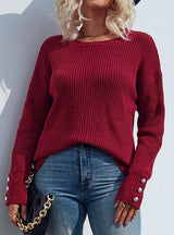 Solid Color Round Neck Button Pullover Sweater