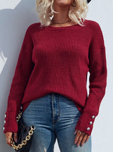 Solid Color Round Neck Button Pullover Sweater