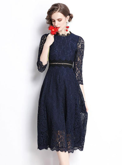 Hollow Round Neck Lace Long Sleeve Dress