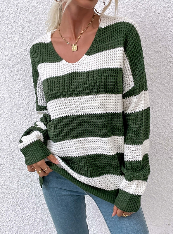 V-neck Striped Stitching Waffle Sweater