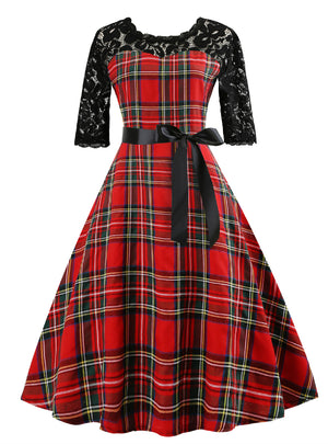 Plaid Lace Short Sleeve Vintage Dress