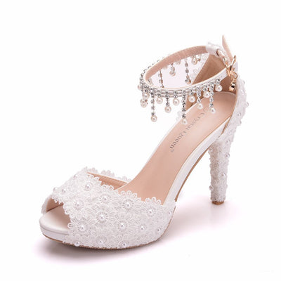 Thin Lace Beaded Fishmouth High-heeled Sandals