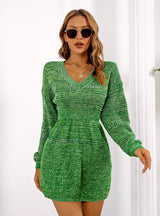 V-neck Colorful Lantern Sleeve Sweater Dress