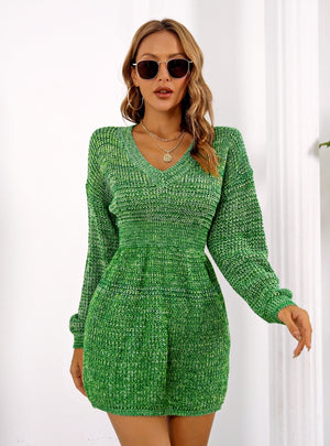 V-neck Colorful Lantern Sleeve Sweater Dress