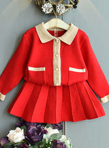 Girls' Sweater Contrast Stitching Coat Two-piece Set