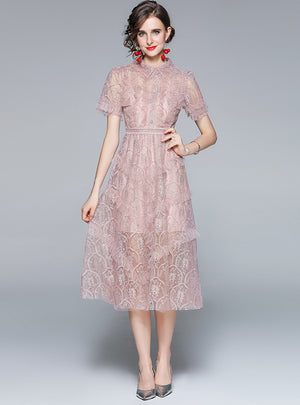 Heavy Embroidery Lace Lapel Dress