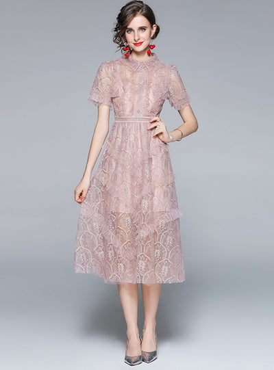 Heavy Embroidery Lace Lapel Dress