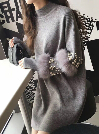 Knitted Dress Loose Pink Long Sleeve Women Sweater