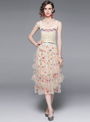 Embroidered Flower Hollow Gauze Skirt Two-piece Set