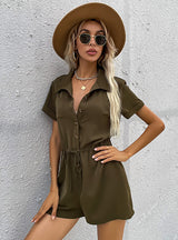 Loose Short Sleeve Drawstring Lapel Wide Leg Jumpsuit