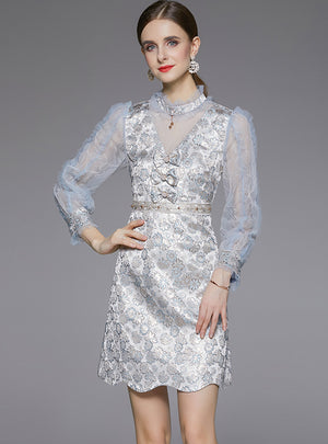Retro Stand Collar Long Sleeve Button Lace Stitching Dress