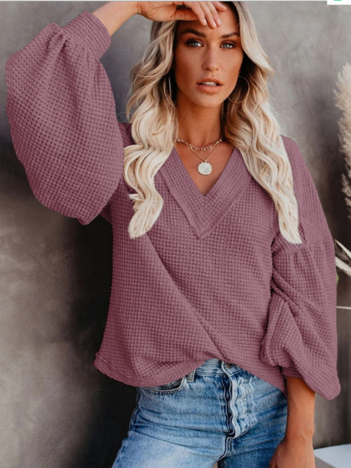 Loose V-neck Lantern Sleeve Top