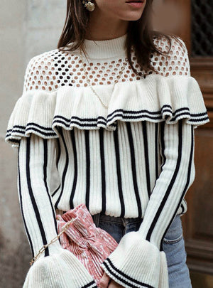 Hollow Stripe Flounces Slim Sweater Lady