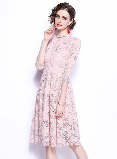 Round Neck Openwork Lace 3/4 Sleeves Dress