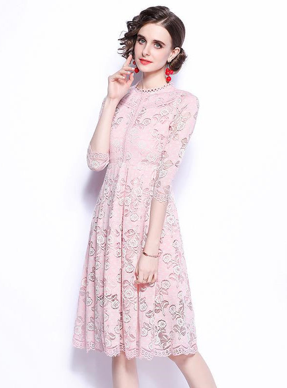 Round Neck Openwork Lace 3/4 Sleeves Dress