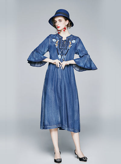 3/4 Sleeve Loose Embroidered Denim Dress