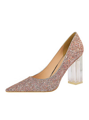 Transparent Crystal Thick Heel Sequins Shoes